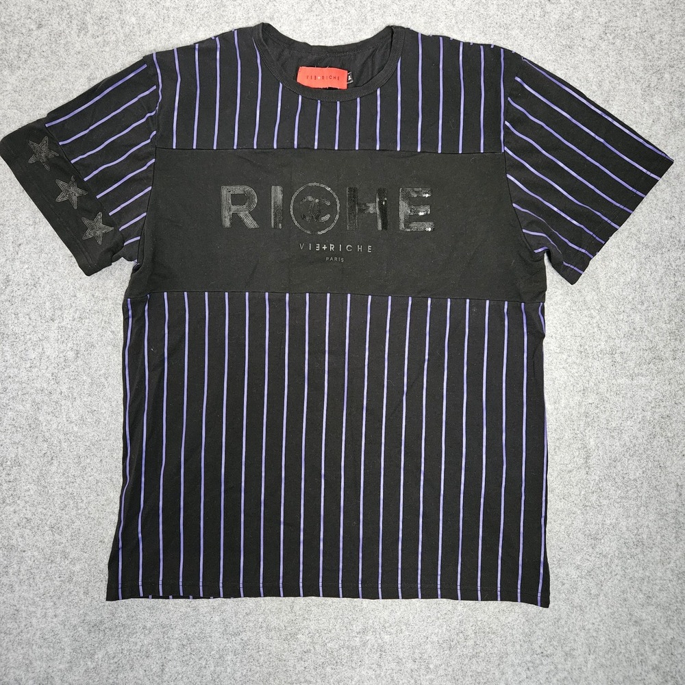 Vie Riche Paris Mens XXL Black Purple Pinstripe Sequined Graphic T-Shirt Luxury
